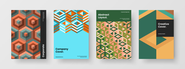 Multicolored geometric hexagons brochure layout bundle. Trendy cover vector design illustration composition.