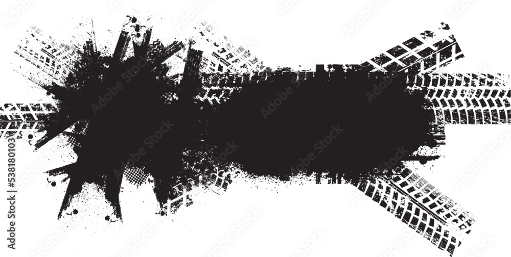 Poster Vector Print Textured Tire Track banner. Design Element . Car tread silhouette . Mud splash grunge texture. 