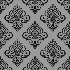 seamless graphic pattern, floral black ornament tile on gray background, texture, design