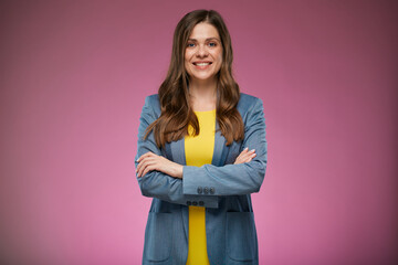 Modern business woman in blue suit. Isolated advertising portrait on pink back.