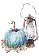 Pumpkin and OldLamp. Idea for interior decor  and halloween holidays.