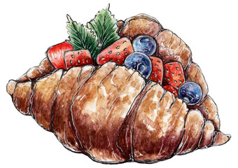 Croissant with blueberries and strawberries and mint leaves.Idea for prints on the t-shirts,mugs,bags,caps,stickers.