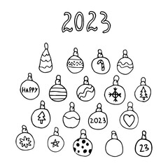 A set of Christmas toys for the new year. Christmas tree decoration. Vector illustration. Coloring.