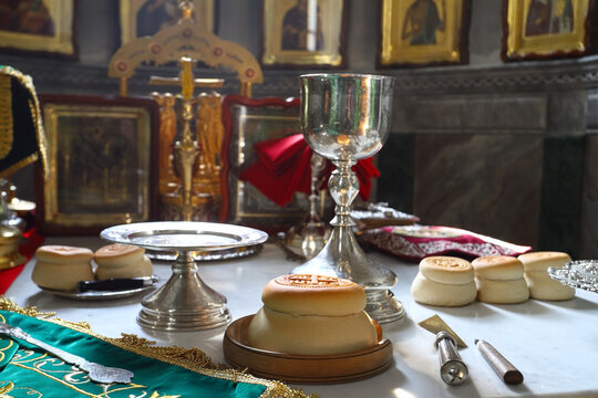 Proskura service liturgical bread, which is used during the Orthodox service, silver bowls for communion on the throne of the church. The concept of Orthodoxy.