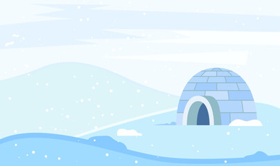 Igloo made from ice bricks by people. Housing for indigenous north families. Snow house or hut single located on ground. Beautiful landscape of circumpolar places. Vector illustration in flat style - obrazy, fototapety, plakaty