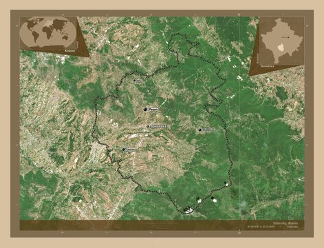 Suhareka, Kosovo. Low-res satellite. Labelled points of cities