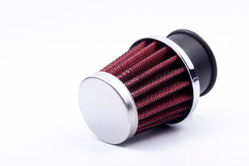 Conical chrome air filter with  - tuning accessory on a white background