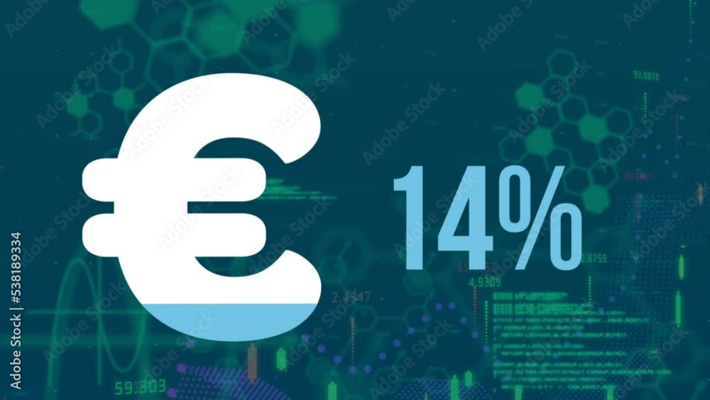 Poster animation of euro sign with 0-100 percent count, programming language and hexagon patterns
