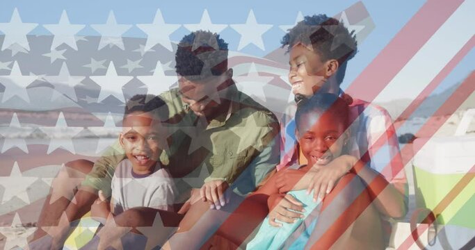 Animation of usa flag over happy african american family
