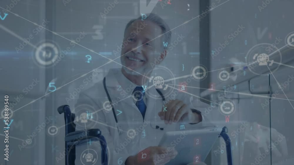 Poster animation of connected icons with multiple letters and numbers over caucasian doctor using tablet
