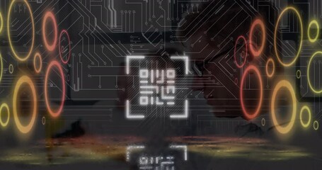 Animation of qr code, circles and integrated circuit over dark space