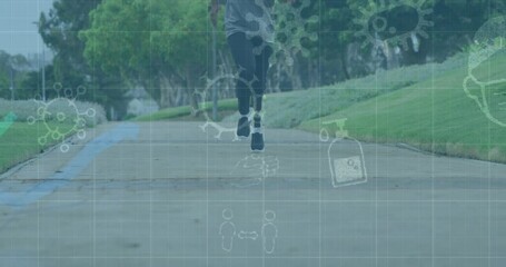 Animation of digital screen over african american man with prosthetic legs training at stadium - Powered by Adobe