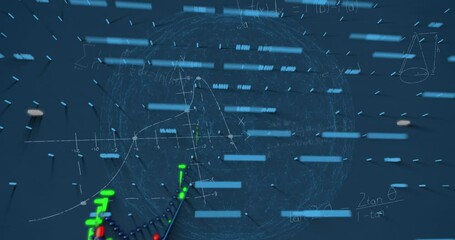 Animation of graphs, globe and math formulas on blue background - Powered by Adobe
