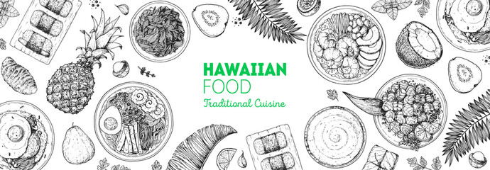 Hawaiian food top view vector illustration. Food menu design template. Hand drawn sketch. Hawaiian food menu. Vintage style. Loco Moco, Spam Musubi, Saimin Noodle Soup, Lomi Salmon, Poke Bowl, Poi.