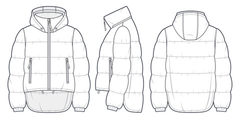 Hooded Puffer Jacket technical fashion Illustration. Unisex Down Jacket technical drawing template, long sleeve, pocket, asymmetric hem, front, side, back view, white, women, men, unisex CAD mockup. © Liubov Hladka
