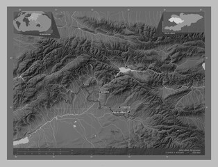 Jalal-Abad, Kyrgyzstan. Grayscale. Labelled points of cities