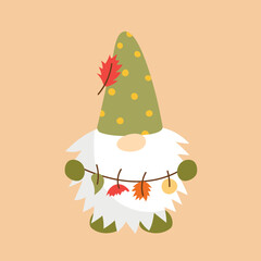 Cute gnome with a beard and a cap. Funny gnome character with bunch of leaves and foliage. Herbarium. Autumn concept. Vector illustration in cartoon style
