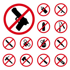 No weapons or dangerous items vector set, red round prohibitory signs