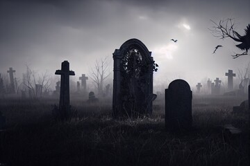 This is a 3D illustration of a haunted Graveyard based around Halloween. - obrazy, fototapety, plakaty