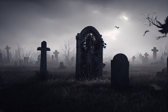 This is a 3D illustration of a haunted Graveyard based around Halloween.