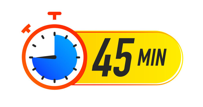 Timer icon 45 minutes vector colorful style. Clock, stopwatch isolated on white background. Cooking time label. EPS 10
