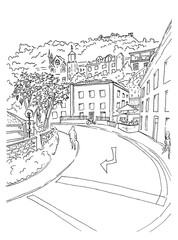 Sketch of old style city street with buildings and road in Europe in black and white colors, hand drawn card