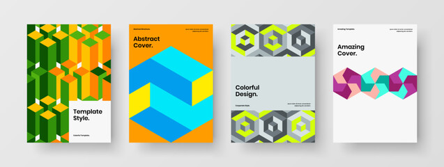 Multicolored mosaic hexagons poster template composition. Bright corporate identity A4 design vector layout collection.