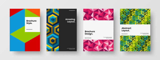 Trendy pamphlet A4 design vector concept set. Simple geometric hexagons cover template bundle.