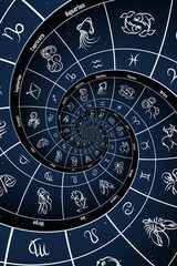 Astrological background with zodiac signs and symbol.