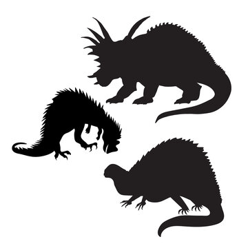 Dinosaur silhouette. Dinosaurs and Jurassic dino monsters icons. Vector silhouette of triceratops or T-rex, brontosaurus and stegosaurus, ceratosaurus and parasaurolophus reptile