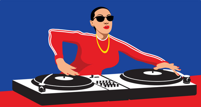 Dj in club. Young girl teen cartoon character standing and making musical mix with special equipment vector illustration