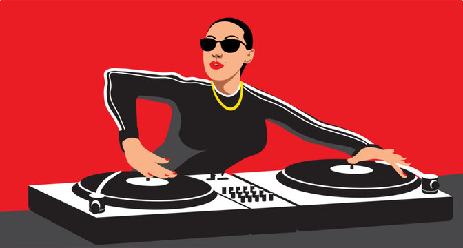 Dj in club. Young girl teen cartoon character standing and making musical mix with special equipment vector illustration