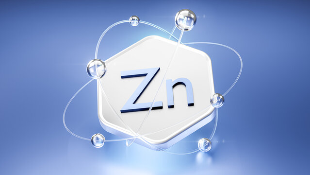 symbol zn among atoms and orbits. chemical element zinc on hexagon, 3d rendering