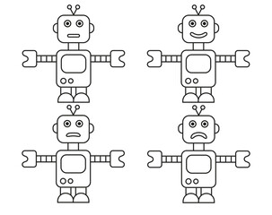 Full body drawn robot. Robot emoji with different facial expressions. black and white vector