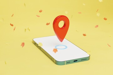 a smartphone with a marked destination on it on a yellow background on which leaves fly. 3D render