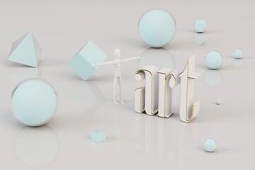 an abstract background on which white spheres, cubes, triangles and the inscription art and man fly apart. 3D render