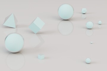 pastel background on which spheres, cubes and triangles fly apart. 3D render