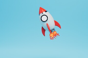 rocket for space exploration. a rocket taking off on a blue background. copy paste, copy space. 3D render