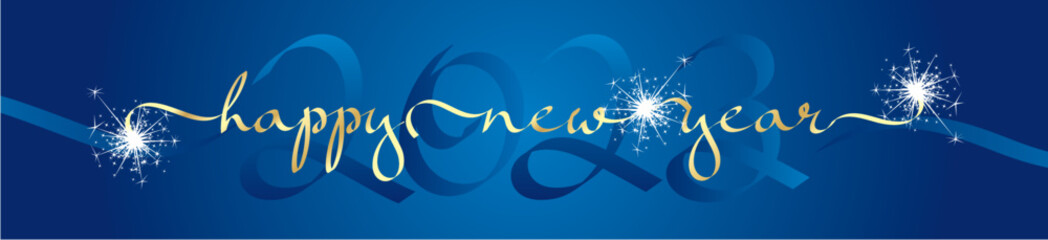 Happy New Year 2023 unique modern calligraphic text with sparkler firework and ribbon calligraphic 2023 on blue background