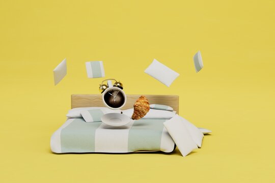 coffee in bed. a cup of coffee in the form of an alarm clock and a croissant on the bed with pillows. 3D render