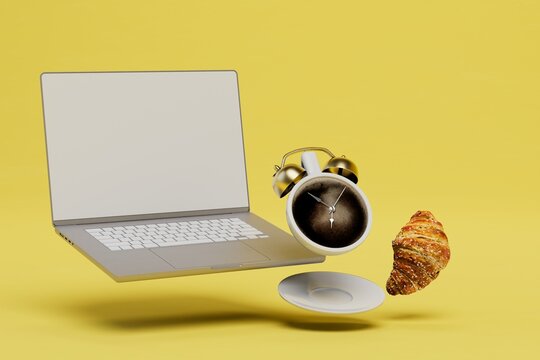 snack before work. a cup of coffee in the form of an alarm clock, a croissant and a laptop. 3D render