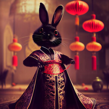 Black chinese tradittional rabbit, New Year Symbol 2023