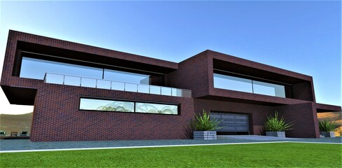 A freshly cut meadow in front of a garage of modern luxury housing. Aluminum lifting gates. Finishing the facade of the house with red glossy brick. 3d rendering.
