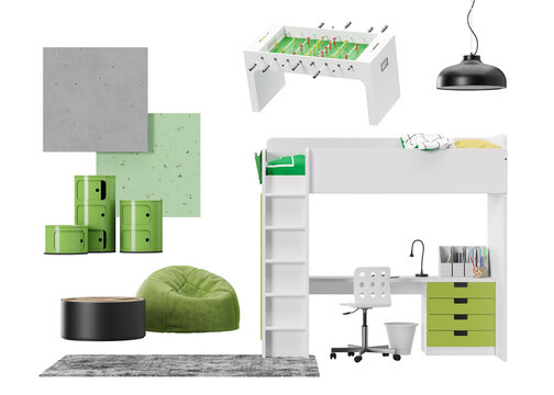 Interior Design Moodboard With Isolated Modern Teenager Room Furniture, Home Accessories, Materials. Furniture Store, Details. Interior Project. Contemporary Style, Mood Board, Collage. 3d Render.