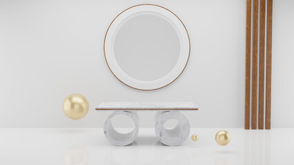 3D render of a modern, abstract Display Podium balancing on Marble cylinders. White background. Wood accents and Gold spheres. Blank promotional product shelf. 