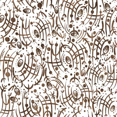 Abstract seamless pattern on transparent background. Paper texture, brown watercolor stains and threads of golden glitter on pattern. (pattern: sp02a)
