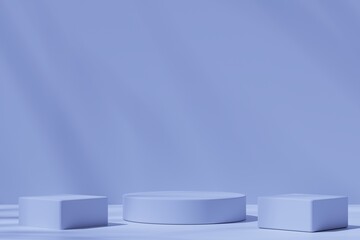 Three round and square podiums on a blue background with shadows, 3d render