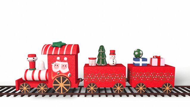 Christmas Train toy model carry snowman and gifts isolated on white background 3d-rendering