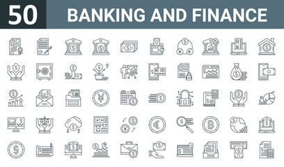 Fototapeta na wymiar set of 50 outline web banking and finance icons such as certificate, contract, bank, location, cash, wallet, currency exchange vector thin icons for report, presentation, diagram, web design, mobile