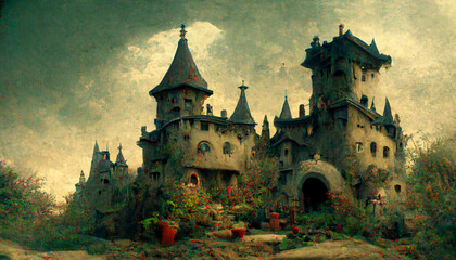 Fototapeta premium scary castle full of pumpkins on a halloween night children's illustration